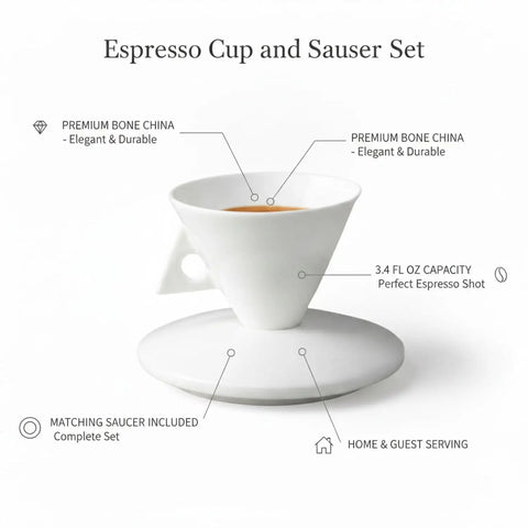 Classic White Bone China Espresso Cup And Saucer Set Designed For Your Daily Coffee Grind Holds 3.4 Ounces Of Precision Shots For Smooth Kitchen Vibes on white background.