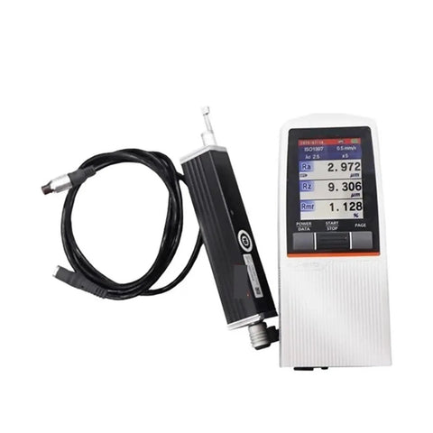 Slick Sj-210 Surface Roughness Tester DC Adapter And Power Cable with black probe and color display for precision measurements.