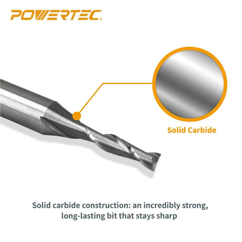 Close-up of Hard Hitting Tungsten Carbide Upcut Spiral Router Bit With One Quarter Inch Shank One Eighth Inch Cutting Diameter.