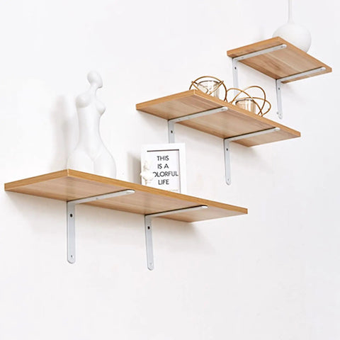 Heavy Duty White L Bracket Wall Mount Shelf Supports 2 Pack Cold Rolled Steel Angle Brackets supporting wooden shelves.