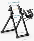 Foldable Bike Wheel Truing Stand For 16 To 29 Inch Wheels showing front and rear wheel switch modes with dimensions.
