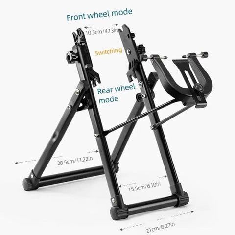 Foldable Bike Wheel Truing Stand For 16 To 29 Inch Wheels showing front and rear wheel switch modes with dimensions.