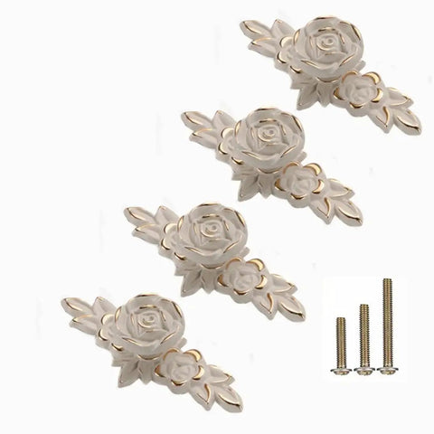 Four Pack 102mm Vintage Rose Cabinet Knobs With Backplates Zinc Alloy Flower Drawer Pulls For Dresser Vanity Nightstand Cupboard