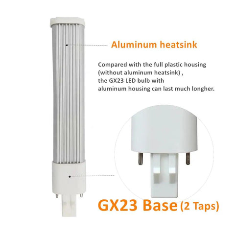 Image of 7W GX23 LED bulb with aluminum heatsink and GX23 base, part of 2 Pack 7W GX23 LED Plug And Play Light Bulb For Low Profile Fixtures.