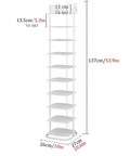 Rock Solid 10 Tier Metal Shoe Rack With Coat Hooks Game Changer For Entryway Clutter Brown Heavy Duty Shoe Cube Organizer Shelf shown upright with dimensions.