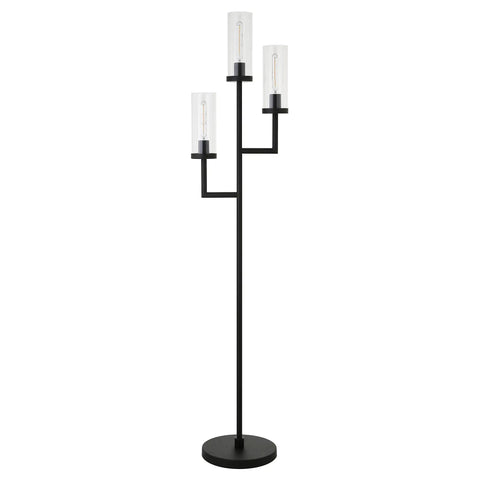 Three Light Torchiere Floor Lamp With Glass Shades In Blackened Bronze And Clear Finish, Sleek Modern Standing Lamp With Foot Switch