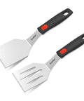 Two Piece Stainless Steel Spatula Set With Thick 1.2mm Metal Turners And Silicone Handles, solid and slotted spatulas on white background