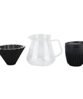 Total Game Changer Pour Over Coffee Dripper Stand Set With Double Layer Glass Server And Ceramic Filter Cup adjustable height kit, black ceramic filter and clear glass server.