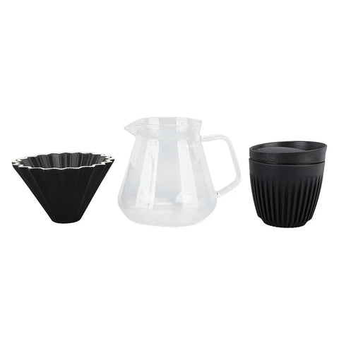Total Game Changer Pour Over Coffee Dripper Stand Set With Double Layer Glass Server And Ceramic Filter Cup adjustable height kit, black ceramic filter and clear glass server.