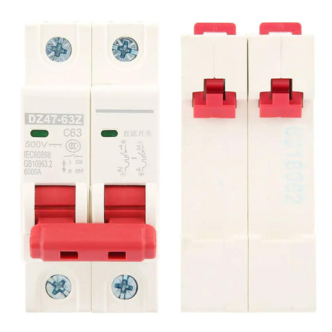 Two Pole Mini Circuit Breaker For DC 500V Systems, 63A Overcurrent Protection, Air Switch DIN Rail Mount, DZ47 63Z C63 front view