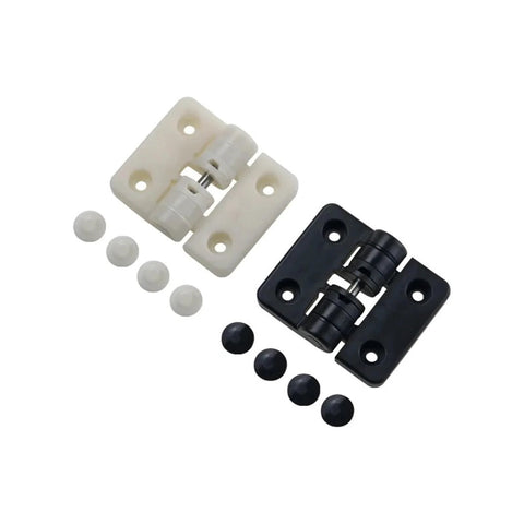 Two positioning torque hinges, white and black plastic plates with 90-degree stop and cap set.