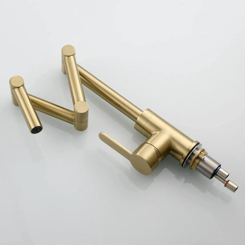 Brushed Gold Pot Filler Faucet 360 Degree Swivel Brass Folding Deck Mount Kitchen Sink Tap disassembled view.