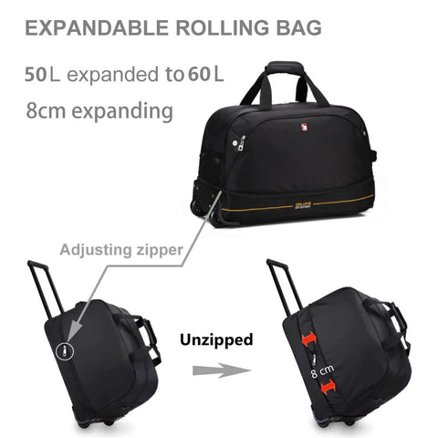 OIWAS 22-inch black rolling duffle bag with wheels; expandable from 50L to 60L; front view with zipper.