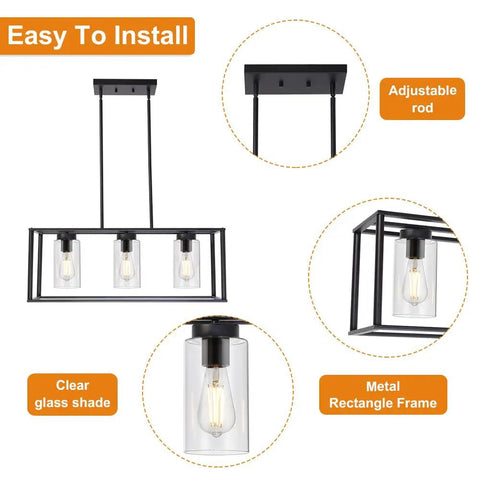 Black Dope 3 Light Modern Dining Pendant Lights For Kitchen Island Cage Linear Hanging Fixture With adjustable glass shade