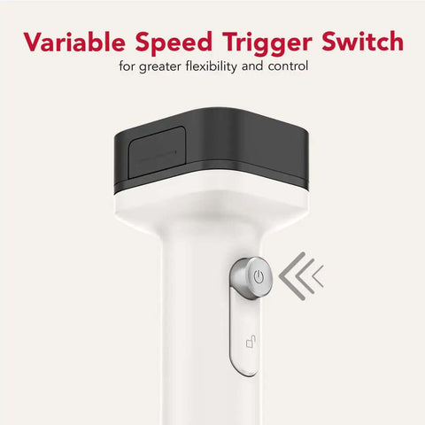 Kickass Cordless Hand Blender With Fast Charge Battery Plug Free Smoothie Mixer variable speed trigger switch for control.