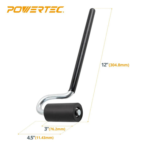 12 Inch Long Handle J Roller For Laminate And Veneer Applications With a One And a Half Inch Diameter And Three Inch Wide Rubber Roller, side view