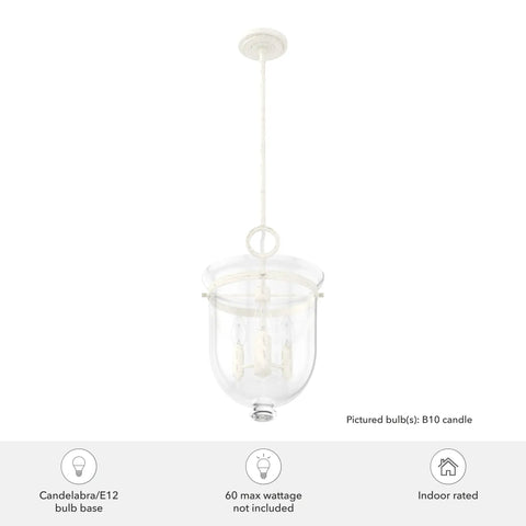 Go-To 3-Light Rustic White Pendant Light Dimmable, Medium Urn Style with clear glass shade and E12 bulb base shown