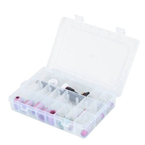 Ultimate 31Pc TIG Welding Nozzle Kit With Ceramic Torch Gas Lens Tips in a clear storage box with compartments.