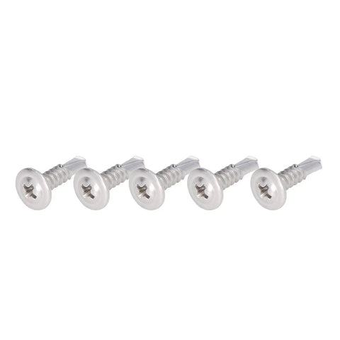 Self Drilling Screws With Round Washer Head In 304 Stainless Steel M4.8x19 for Quick Installation on Wood and Metal, 5 screws displayed.