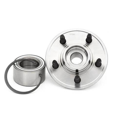 Rear Wheel Hub Bearing Kit For Ford Explorer 2002 To 2010 And Explorer Sport Trac 2007 To 2010 Lincoln Aviator 2003 To 2005 Mercury Mountaineer 2002 To 2010 Two Piece Direct Replacement For A Smooth Quieter Ride And Easy Bolt In Install, shown with components and bolts.