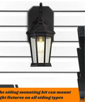 Two Pack Vinyl Siding Mounting Blocks For Half Inch Lap Siding With Built In Electrical Box And Vertical Lamp Mounting Plates For Outdoor Light Fixtures In Black Finish Durable Plastic Construction That Paints To Match Siding Color And Lasts Outdoors. black siding light mount with wall lantern and mounting block on vinyl siding