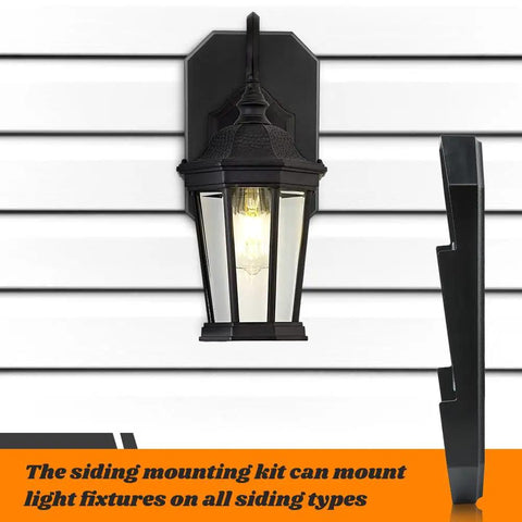 Two Pack Vinyl Siding Mounting Blocks For Half Inch Lap Siding With Built In Electrical Box And Vertical Lamp Mounting Plates For Outdoor Light Fixtures In Black Finish Durable Plastic Construction That Paints To Match Siding Color And Lasts Outdoors. black siding light mount with wall lantern and mounting block on vinyl siding