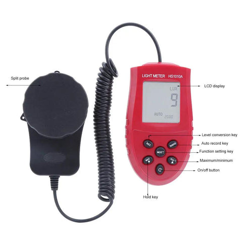 Handheld Digital Illuminance Meter Lux Meter With Auto-Ranging Photometer, Pro-Grade Portable Light Meter For Indoor And Outdoor Use, Smart Digital Display, Lux Range 2000 20000 200000 lx, HS1010A red meter with split probe and LCD display