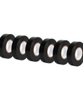 Six rolls of Electrical Tape Three Quarter Inch Black Vinyl With Strong Adhesive Six Pack For Home DIY Repairs Electrical Automotive And Equipment Use Flexible Insulation For Cable Splicing Wire Bundling And General Electrical Projects arranged in a line.
