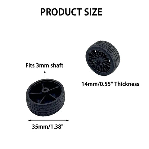 8 Pack RC Car Wheels With Rubber Tires And Round Shaft Axles, 3Mm Shaft, 35Mm Diameter, 14Mm Thick, product size details