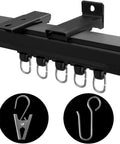 Close-up of heavy duty ceiling curtain track system for room divider and wall mounted sliding curtain rail in black aluminum alloy