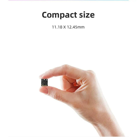Hand holding ExpressLRS 2.4GHz RX Nano Module With Dual Installation Solder Or Plug In, compact size text