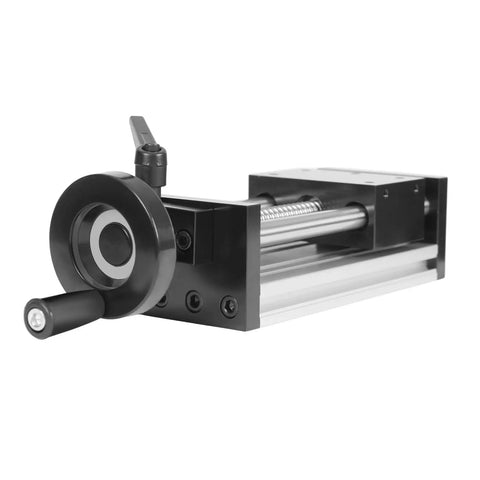 Rock Solid Dual Optical Axis Manual Sliding Table With 100mm Travel CNC Linear Rail Guide Aluminum Alloy Slide Stage For Precise Non Standard Automation And Heavy Duty Micro Machining, black handwheel view