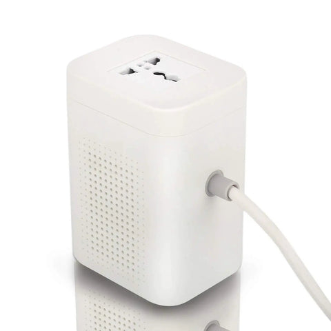 200W Step Up Transformer 110V To 220V Voltage Converter with Circuit Breaker Protection, compact durable white design
