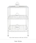 Heavy Duty Three Tier Wire Shelving Rack With Adjustable Chrome Metal Storage Shelves Featuring 750 Lb Capacity in front view showing load limit.