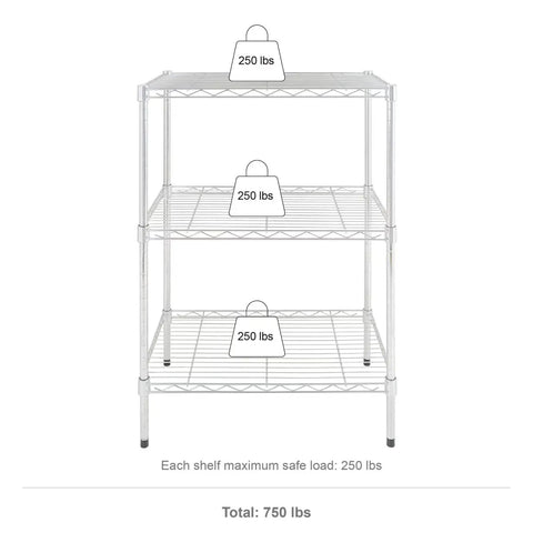 Heavy Duty Three Tier Wire Shelving Rack With Adjustable Chrome Metal Storage Shelves Featuring 750 Lb Capacity in front view showing load limit.