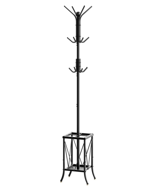 Black freestanding coat rack with umbrella holder and twelve hooks, entryway hanger stand, metal hall tree for coats hats bags.