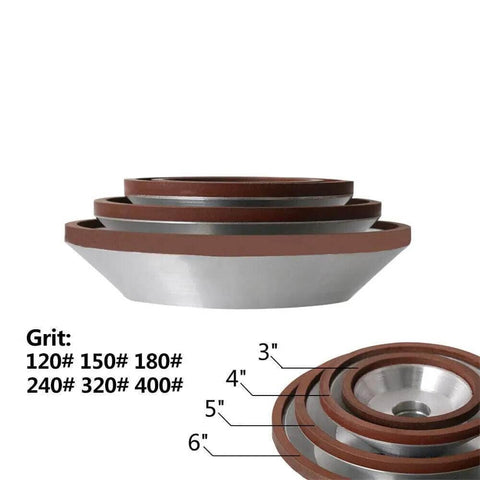 Stacked resin bond diamond grinding wheels with sizes labeled 3, 4, 5, 6 inches, suitable for carbide and tungsten milling cutters, focus on Diamond Grinding Wheel Resin Bond Circle Sharpener For Carbide Metal Tungsten Steel Milling Cutter 75mm 100mm 125mm 150mm Heavy Duty Grinding Wheel Built To Take A Beating For Grinder Tool 1 Pc.