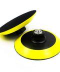 2 Pack 5 Inch Hook And Loop Sanding Pad Backing Plates With 5/8-11 Threads For Sander And Grinder Durable Polyurethane Construction Flexible And Sturdy For Heat Reduction And Easy Disc Changes shown on white background