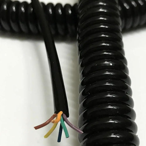 Heavy Duty Six Core Coiled Extension Cord With Spiral Spring Retraction For Mobile Equipment And Fixed Setups, showing coiled design and exposed wires.