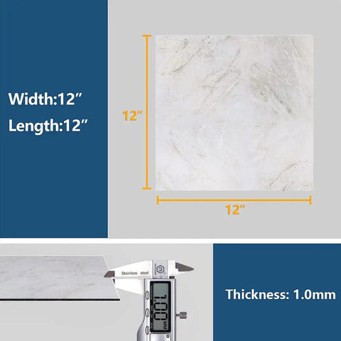 Wood Look Peel And Stick Vinyl Tiles 12x12 Inches, 24 Pack, Waterproof, Self Adhesive And Removable, Distressed Gray Planks shown with dimensions.