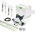 Heavy Duty Plunge Cut Saw With Precision Anti Splinter Guard And Aluminum Guide Rail For Dead On Straight Lines Like A Boss with accessories.