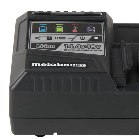 Close-up of rapid charger with USB port for 2-Pack 18V 3.0Ah Lithium Ion Battery Set for cordless power tools.