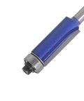 Close-up of a Four Piece Flush Trim Router Bit Set With One Quarter Inch Shank And Top Bearing Includes Cutting Diameters One Quarter Five Sixteenths Three Eighths And One Half Inch Industrial Carbide Cutters For Smooth Finishing On Solid Wood MDF Plywood And More showing blue housing and top bearing.