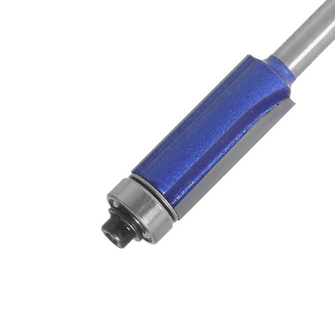Close-up of a Four Piece Flush Trim Router Bit Set With One Quarter Inch Shank And Top Bearing Includes Cutting Diameters One Quarter Five Sixteenths Three Eighths And One Half Inch Industrial Carbide Cutters For Smooth Finishing On Solid Wood MDF Plywood And More showing blue housing and top bearing.