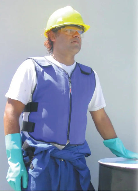 Worker wearing Blue Phase Change Cooling Vest That Keeps You Chill With Removable 58F Inserts For 2 To 3 Hours, Size Large X Large