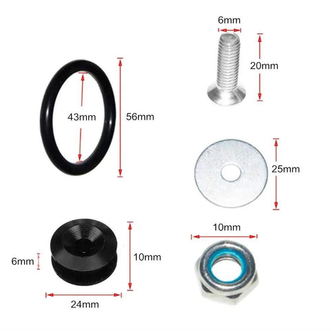 Universal Car Bumper Quick Release Fastener Kit For Front And Rear Bumpers Black With Six O Rings For Easy Removal And Reattachment DIY Friendly Durable Aluminum Hardware For Quick Access And Maintenance, components display including O-ring, screw, and nut with dimensions.
