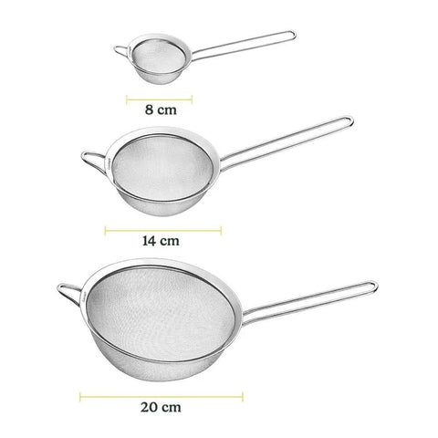 Three Piece Stainless Steel Mesh Strainer Set With Fine Mesh For Sifting, Straining, And Draining In The Kitchen, various sizes