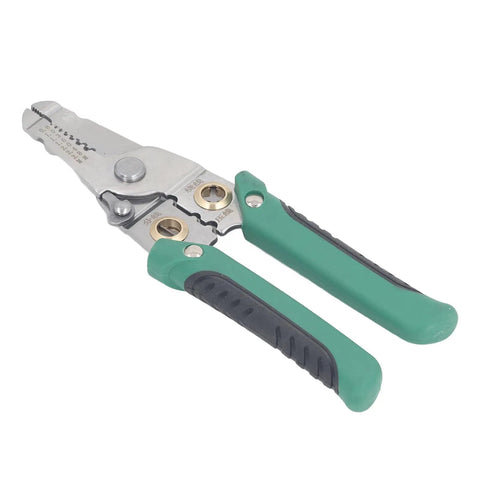 No Sweat Heavy Duty Spring Loaded Wire Stripper Multifunctional Terminal Crimping Tool With Rugged Stainless Steel Construction For Electricians with green grip.