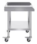 Front view of Stainless Steel Work Table 24 x 28 x 30 Inch With Four Casters And Three Sided Backsplash, Heavy Duty Prep Station for kitchens