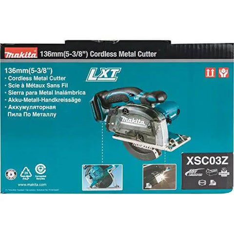 Makita box for 18V LXT Cordless Metal Cutting Saw Bare Tool With 5 3 8 Inch Cut Capacity, features and specifications highlighted